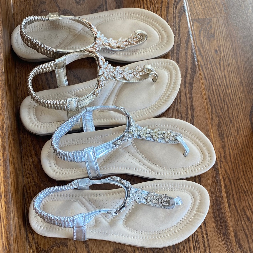 AKIRA Jeweled T-Strap Sandals in Gold and Silver
